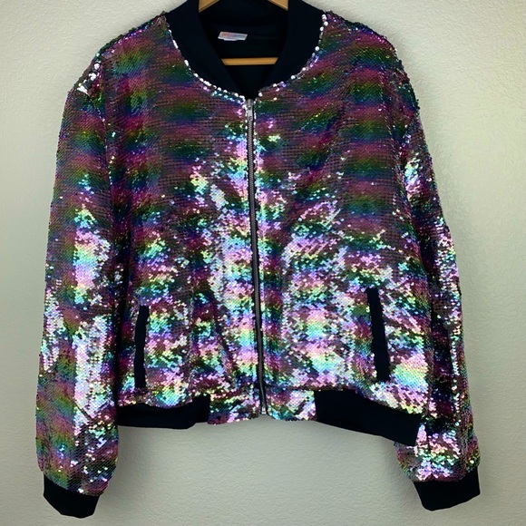 Pastel Rainbow Flip Sequin Bomber Jacket Coat - Picture 2 of 12